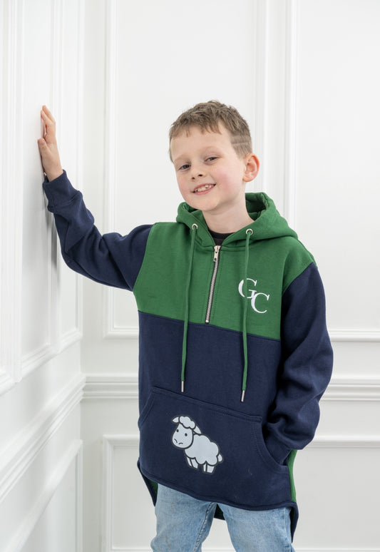 Gibsons Countrywear navy and green kid hoodie with sheep motif